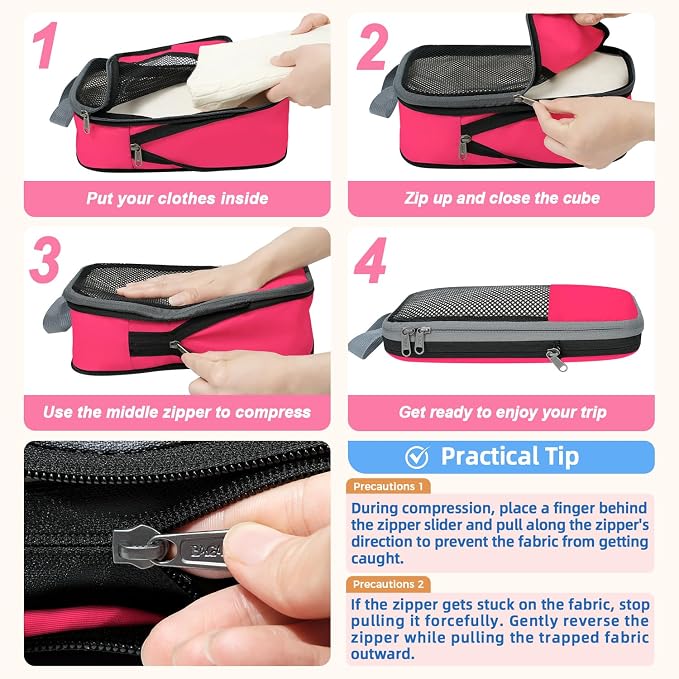 BAGAIL 4 Set/6 Set/8 Set Compression Packing Cubes Travel Accessories Expandable Packing Organizers (Half Mesh, 6-Fuchsia) - Image 4
