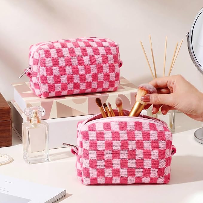 Gilprop 8 Pcs Checkered Makeup Bag for Purse Small Cosmetic Pouch Bulk Portable Zipper Makeup Pouch Travel Toiletry Organizer Gifts for Women Bridesmaid Wedding Party Favors (Hot Pink) - Image 3