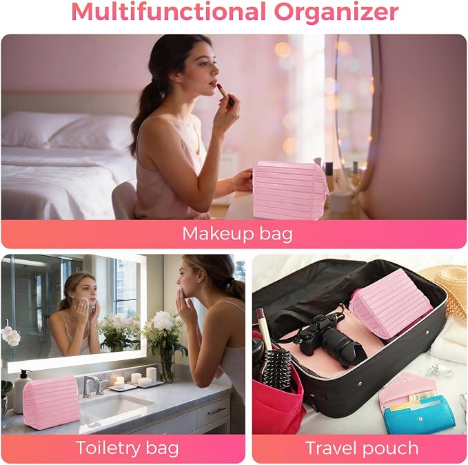 Travel Makeup Organizer Bag with Fold-Down Design and Adjustable Dividers, 27 Pockets & 3 Brush Storage Holders, Large Capacity Cosmetic Bags Toiletry Case - Pink - Image 6