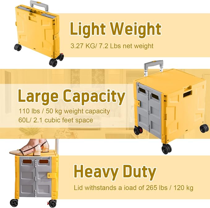 FELICON Folding Utility Cart Rolling Crate Handcart Basket Tote-Yellow+Gray | Collapsible Hidden Lid,Plastic Box,Telescoping Handle,4 Rotate Wheels for Travel Shop Move Grocery Laundry Office Teacher Use - Image 6