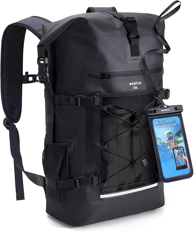ECOHUB Waterproof Backpack for Women Men, 30L Roll-Top Closure Heavy Duty Dry Bag for Travel with IPX8 Waterproof Phone Case by ECOHUB