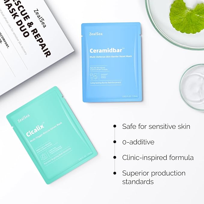 ZealSea Cicalix & Ceramidbar Face Masks Skincare, All-in-one Proven Derm Solution Facial Mask for Visibly Soft | Plump | Quenching | Anti-aging, Soothing & Refreshing, Strengthen & Restore, 4+4 Duo