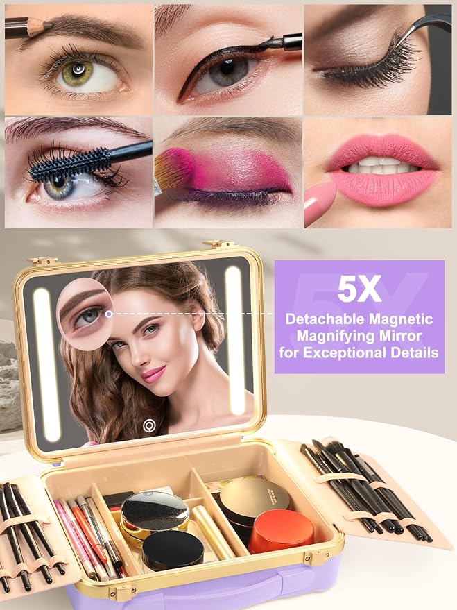Kalolary Travel Makeup Train Cases with Lighted Mirror 3 Color Setting, Makeup Bag Cosmetic Case Organizer Adjustable Brightness Portable Makeup Storage Box with Detachable 5X Magnifying Mirror Purple - Image 2