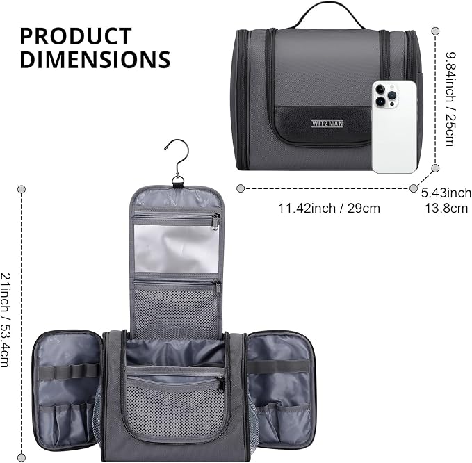 WITZMAN Toiletry Bag for Men Nylon Hanging Water-resistant Shaving Dopp Kit | With Dry-wet Separation Pocket, Multi-pockets for Organized Storage, Lightweight, For Travel, Bathroom, B690 Silvery Grey - Image 6