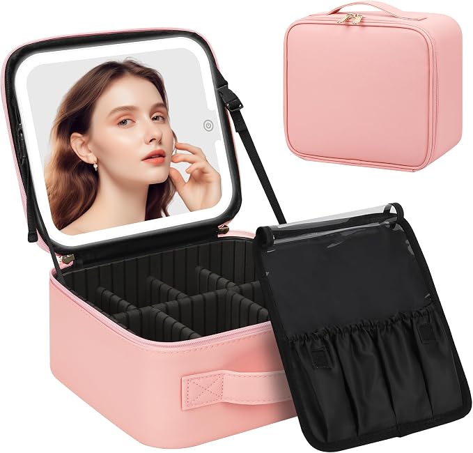 Chomeiu Makeup Bag with LED Mirror, Cute Cosmetic Bags Birthday Gifts for Girls Women, Makeup Train Case Artists Organizer Large Make Up Bags with Light Up Mirror 3 Color Lights, Pink 2 by Chomeiu
