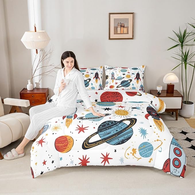 Erosebridal Outer Space Bedding Set King Size Kids Boys Space Ship Rocket Comforter Set Cartoon Universe Stars Planet Down Comforter Cosmos Meteorite Quilt Duvet Set with 2 Pillow Cases - Image 4