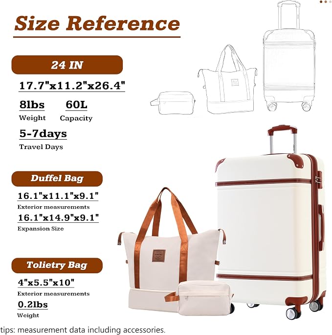 Merax Luggage Set,24 IN Hardside Suitcase with Duffel Bags,3 Piece Expandable Luggage with Spinner Wheels, Vintage Luggage with TSA Lock Lightweight,(White) - Image 2