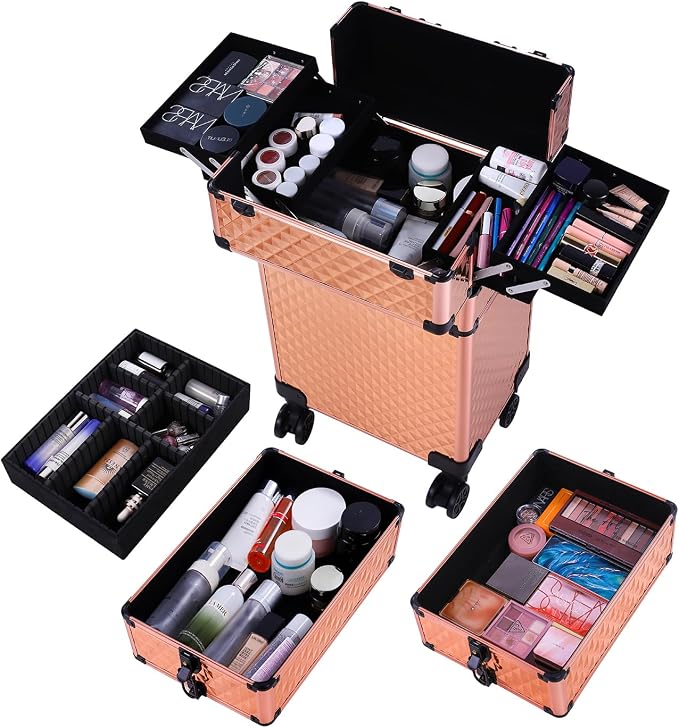 Karl home 4 in 1 Makeup Train Case Rolling Cosmetic Trolley Large Capacity Travel Organizer with Key 360°Swivel Wheels Suitcase for Beauticians Hairstylists Nail Tech Students, Rose Gold - Image 3