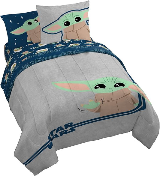 Star Wars Mandalorian Grogu Queen Comforter Set 7 Piece Bedding, Gray | Baby Yoda, Bed in a Bag, Comforter Sheets Shams Pillowcases, Official Brand, Soft Microfiber, Machine Washable, Kids Gift by JayFranco