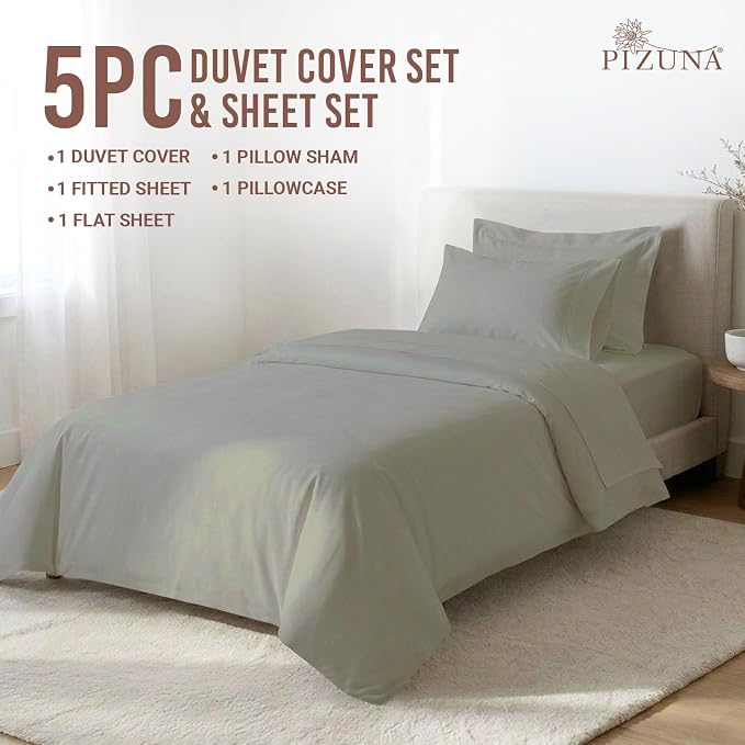 Pizuna Pure 100% Long-Staple Cotton Duvet Cover + Sheet Set Twin, Luxurious 400 Thread Count Long Staple Cotton, Soft Sateen Weave Bedding Set (Silver) - Image 3