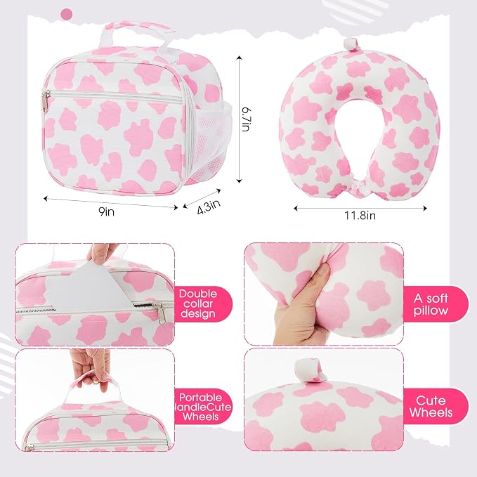 Redbaker 6 Pcs Kids Luggage Set, 17 Inch Rolling Suitcase with Backpack Lunch Bag Neck Pillow, Pink and White Cow Travel Set for Summer Vacation Sleepover Back to School Gift - Image 5