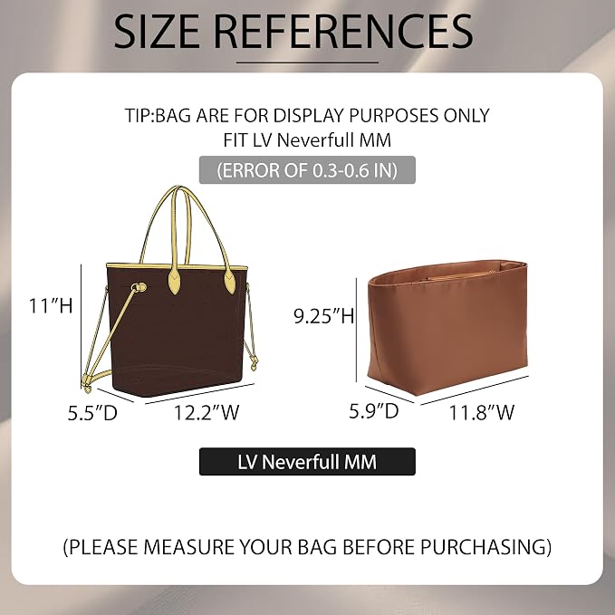 Doxo Purse Organizer Insert for LV Neverfull MM, Premium Nylon Bag Organizer with YKK Zipper & Laptop Sleeve & Bottle Holder, Multi Compartments Lightweight Waterproof Handbag Interior Divider, Brown - Image 2