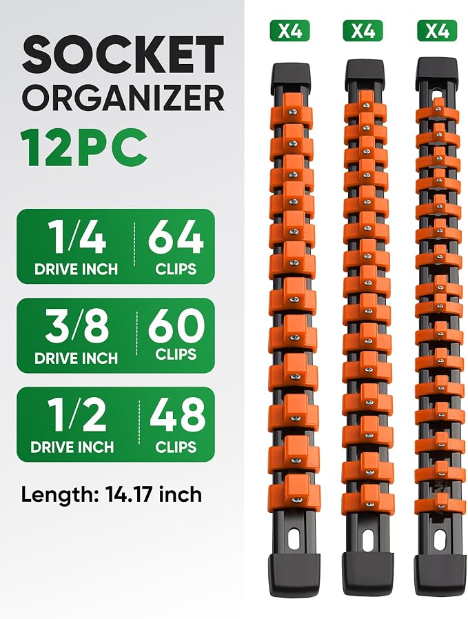 ALOANES 12PC Socket Organizer, Socket Rails Fit 1/2", 1/4" and 3/8" Drive | Heavy Duty ABS Socket Holders Hold up 172 Sockets for Mechanics Toolbox Drawer Bags(Orange) - Image 2