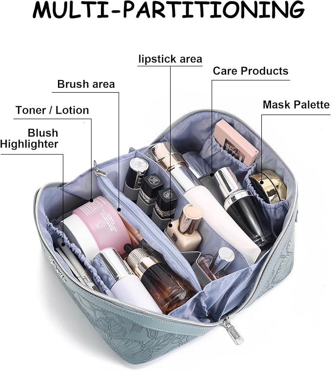 BOYATU Travel Makeup Bags Cosmetic Organizer Bag: 3 Pcs Set Large Capacity Floral Make up Bag with Compartments - Waterproof Leather Toiletry Bags with Handle for Women (01-Light Blue) - Image 3