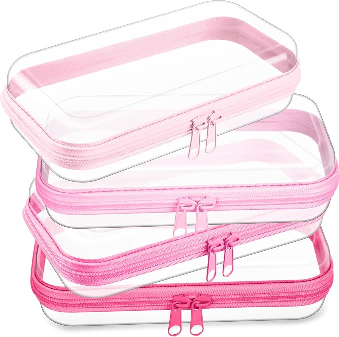 Hoolerry 4 Pcs Hard Clear Zipper Case Makeup Bags Plastic Zipper Pouch Transparent Storage Box Containers for Cosmetics, Snacks, Building Blocks, Puzzles(Clear,7.5 x 3.9 x 2 in,Pink) by Hoolerry