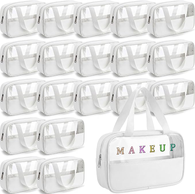 Buryeah 20 Pcs Translucent Makeup Bag Toiletry Organizer for Women Men Waterproof Portable Cosmetic Bag with Hanging Handles Travel Storage Carry Pouch Gifts for Bridesmaid (White) by Buryeah