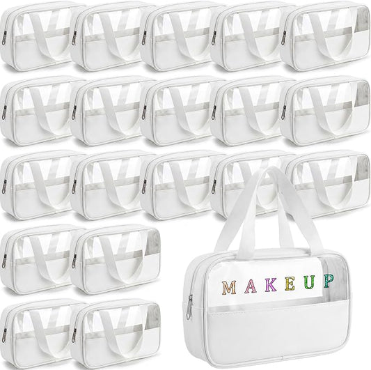 Buryeah 20 Pcs Translucent Makeup Bag Toiletry Organizer for Women Men Waterproof Portable Cosmetic Bag with Hanging Handles Travel Storage Carry Pouch Gifts for Bridesmaid (White) by Buryeah