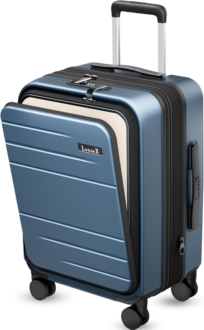 LUGGEX Carry On Luggage with Spinner Wheels, Expandable Polycarbonate Suitcase with Front Pocket (FX-Core, Blue, 21 Inch) by LUGGEXLUGGAGE