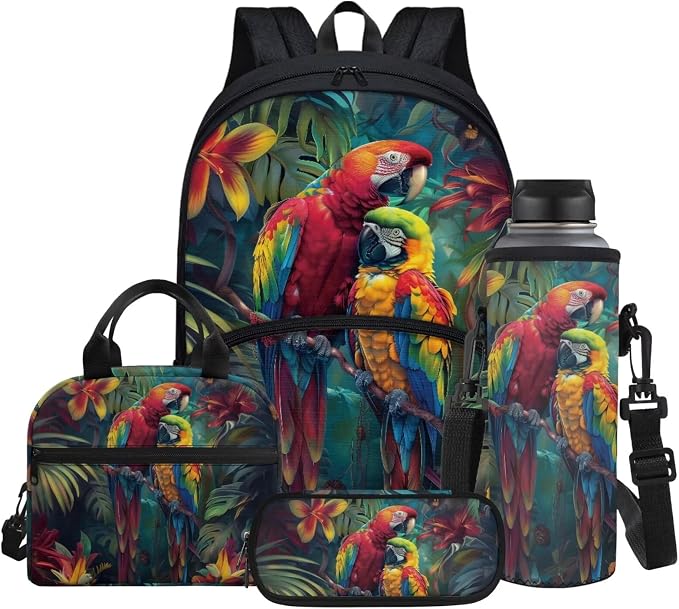 Tropical Parrot Print School Backpack for Kids Boys Book Bag Set with Lunch Box & Pencil Case & Water Bottle Sleeve, Bagpack Teen Student Back Packs Satchel Travel Daypack by Glomenade