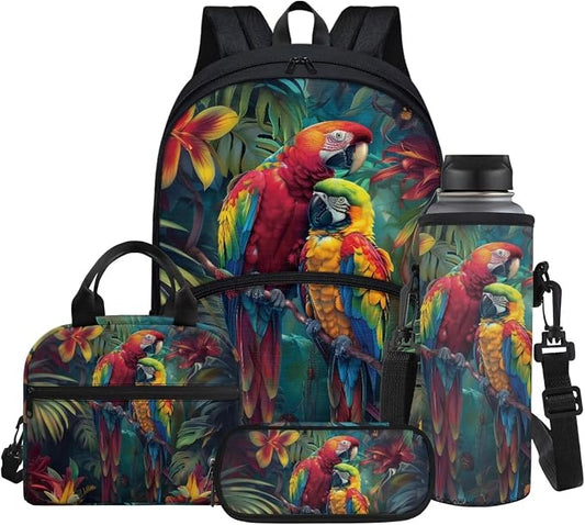 Tropical Parrot Print School Backpack for Kids Boys Book Bag Set with Lunch Box & Pencil Case & Water Bottle Sleeve, Bagpack Teen Student Back Packs Satchel Travel Daypack by Glomenade