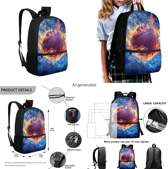 Fire Basketball Backpack for School Boys Backpack with Lunch Box Water Bottle Bag and Fabric Pencil Pouch 4PCS Set Large Capacity Bookbag with Front Pocket 17 inch Sturdy School Bag for Kids - Image 3