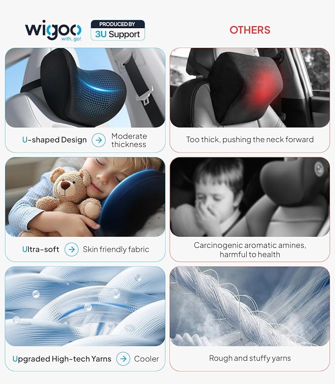 Wigoo Soft Car Neck Pillow with Adjustable Strap, Black 2-Pack | Extra Strap| Memory Foam| Universal Fit - Image 3