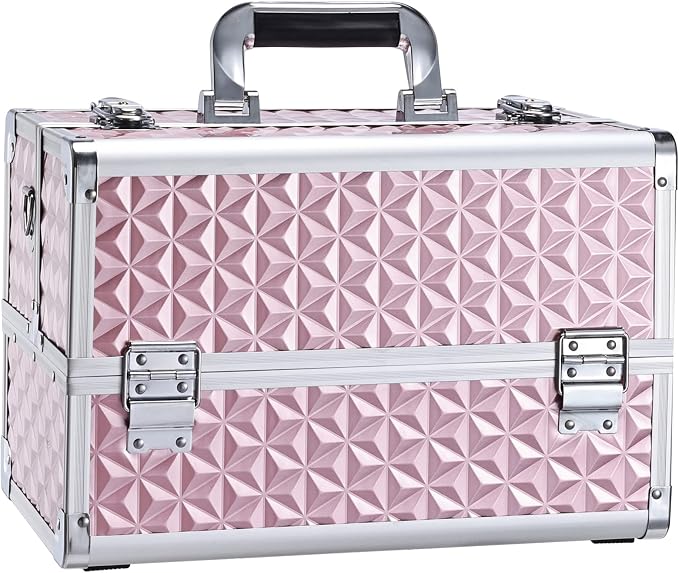 Joligrace Makeup Train Case Professional Cosmetic Organizer Aluminum Storage Box with 4 Adjustable Dividers Trays Lockable Portable with Shoulder Strap by Joligrace