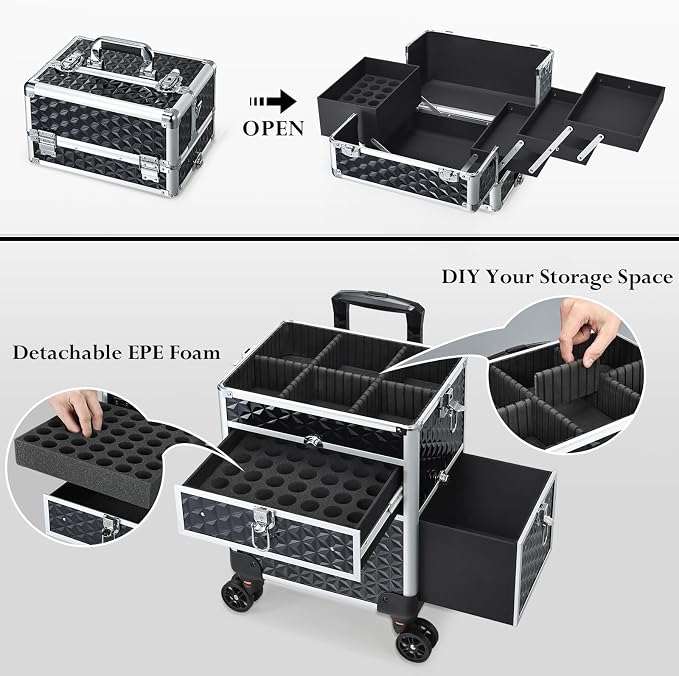 Joligrace Rolling Makeup Case with Drawers - Tattoo Storage Organizer Travel Cart for Nail Tech, Cosmetology, Barber Tools - Portable Suitcase on Wheels - Image 5