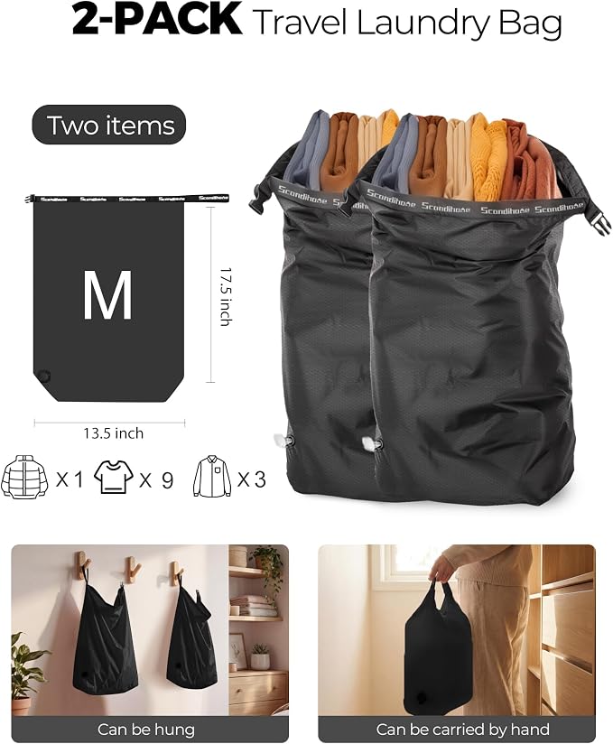 Travel Laundry Bag, Pump-Free Vacuum Compression Dirty Clothes Bag, Reusable Waterproof & Washable Laundry Bag, Wet and Dry Bag, Ideal for Suitcases, Road Trip Essentials (2 Pcs, M+M) Black - Image 2