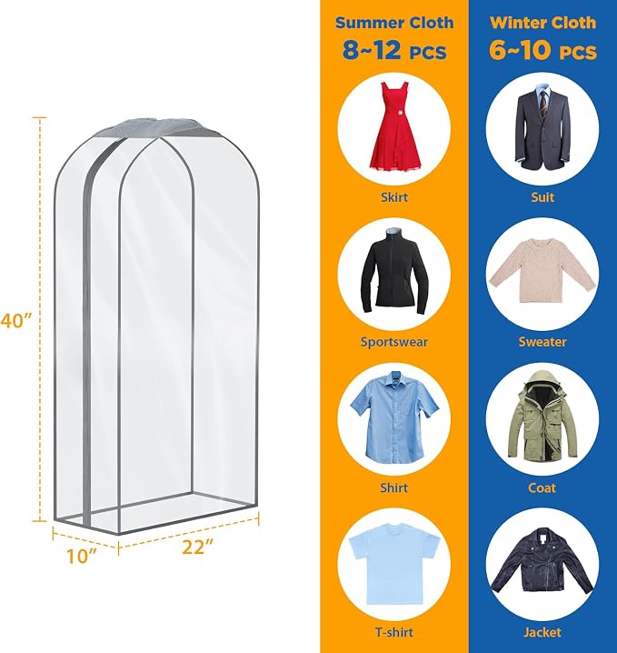 Zilink Breathable Garment Bags for Fur Coat 43” Suit Bags for Closet Storage Clear Leather Jacket Covers for Hanging Clothes with 10" Gussted Wrinkle Free for Leather Jacket, Fur Coat, Dress, Set of 4 - Image 2