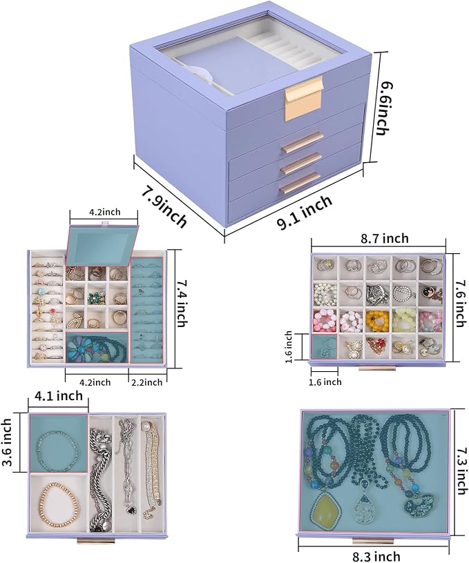 BOOVO Clear Lid Jewelry Box,3 Layers Jewelry Organizer Large Jewelry Storage Box with 2 Drawers,Jewelry Holder Organzier of Rings Earrings Necklace Bracelets for Women (Purple, 4 Layer) - Image 4