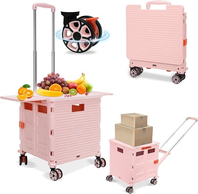 FELICON SELORSS Folding Utility Cart Portable Rolling Crate Handcart-Pink | Adjustable Handle+Extended Magnetic Lid,Storage Basket Box,4 Swivel Wheels Tote for Teacher Move Shop Travel Grocery Office by FELICON