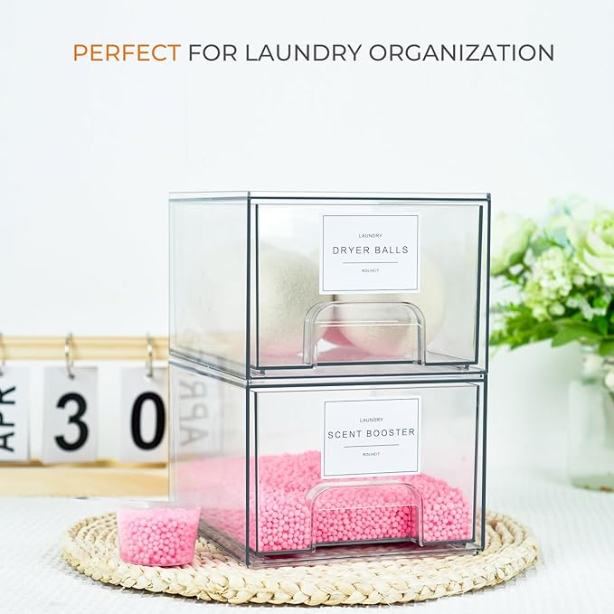 4 Pack Laundry Room Organization Storage Drawers with Labels, Clear Stackable Dryer Sheet Holder and Pod Containers, Detergent Dispenser for Laundry Room Organizing and Decor - Image 2