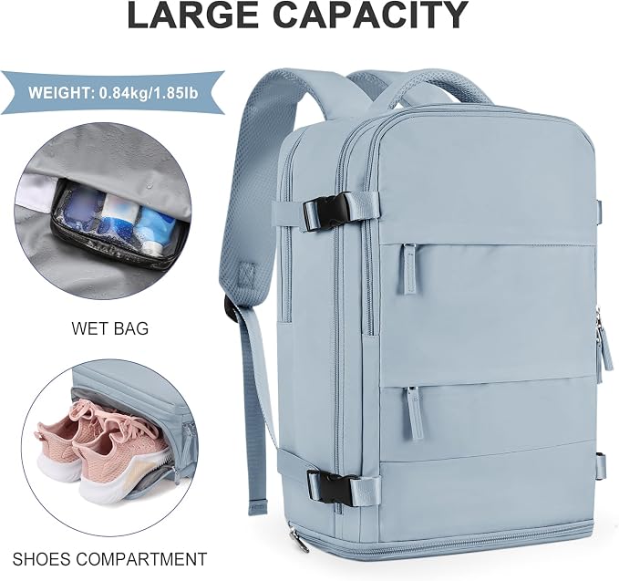 coowoz Large Travel Backpack For Women Men,Carry On Backpack Flight Approved,Hiking Backpack Waterproof Outdoor Rucksack Casual Daypack Fit 15.6 Inch Laptop Shoes Compartment,30L (Gray Blue) - Image 4