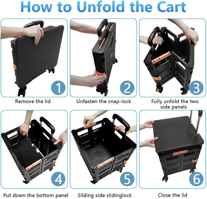 Foldable Utility Cart Portable Rolling Crate Handcart Shopping Trolley Collapsible 4 Rotate Wheels with Durable Heavy Duty Plastic Telescoping Handle for Travel Shopping Moving Storage Office Use - Image 5