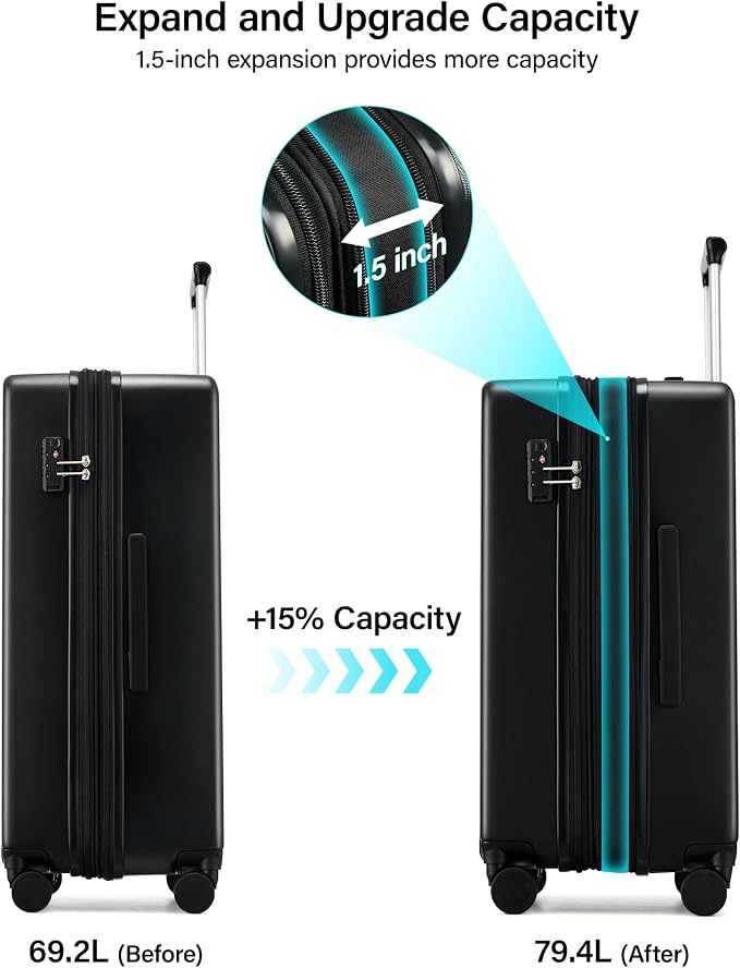 Hanke 24 Inch Expandable Hard Sided Luggage with Spinner Wheels, Checked Luggage for Travel, Hard Shell Suitcases With Wheels Durable Medium Suitcase for Woman Men with Tsa Lock(Jet Black) - Image 3