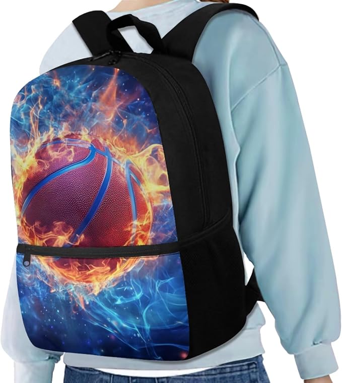 Fire Basketball Backpack for School Boys Backpack with Lunch Box Water Bottle Bag and Fabric Pencil Pouch 4PCS Set Large Capacity Bookbag with Front Pocket 17 inch Sturdy School Bag for Kids - Image 2