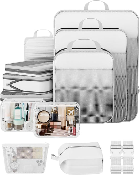 Veken 11 Set Compression Packing Cubes for Travel Essentials,Compressible Expandable Luggage Suitcase Organizer Bags with Garment Bag,Space Saver Bags with Over 1000 pcs of Mesh Holes(White) by Veken