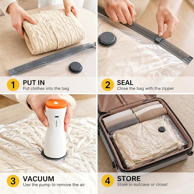 20 Pack Air Pump Vacuum Storage Bags,Travel Compression Bags | 2-in-1 Rechargeable Inflation & Deflation Dual Use Reusable Space Saver Bags for Clothes and Home Wardrobe（Orange and white） - Image 6