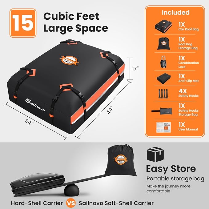 Sailnovo Car Rooftop Cargo Carrier 15 Cubic Feet, Waterproof 1000D PVC Car Roof Bag with Anti-Slip Mat, Combination Lock, Storage Bag, Door Hooks & Tie-Down Strap fit Vehicle with/Without Luggage Rack - Image 2