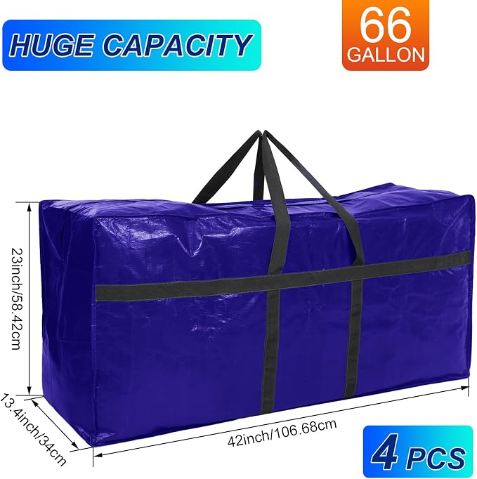 Windyun 4 Pack 57 Gallon Extra Large Moving Bags XXL Heavy Duty Storage Bag with Strong Zipper Handle Jumbo Big Tote Box Foldable for College Dorm Travel Clothes Duffle Blanket Pillow(Navy Blue) - Image 2
