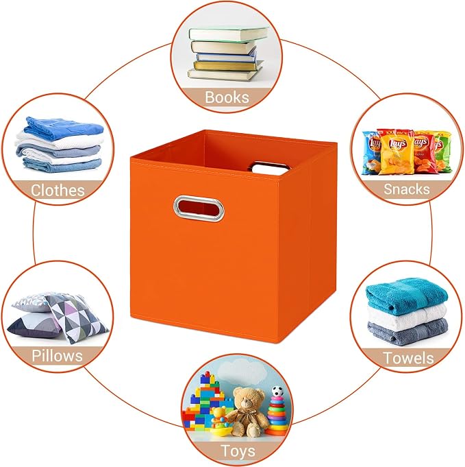 Fabric Cloth Storage Bins,Fabric Cube Bins Organizer with Dual Handles Foldable Cube Storage Baskets for Home Bedroom Storage,Set of 3,(Orange) - Image 5