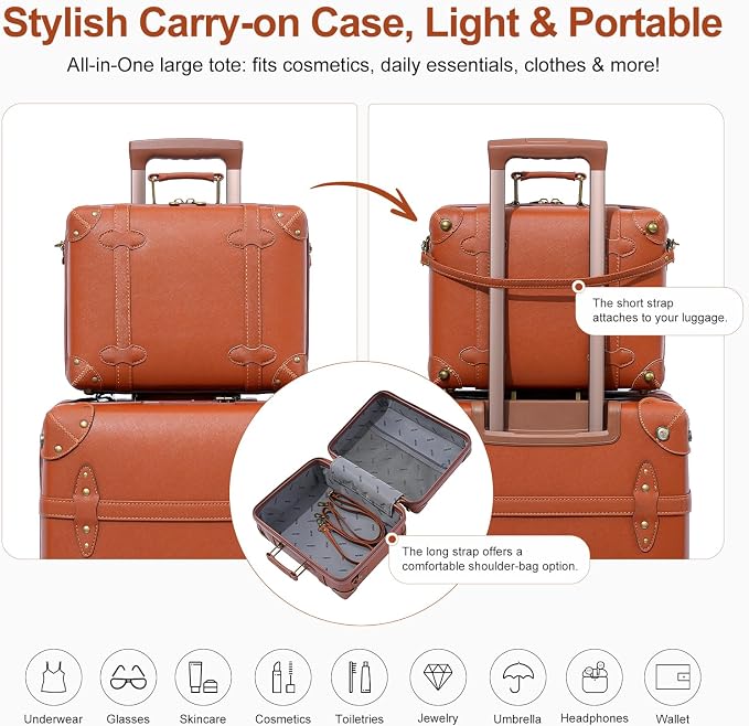 NZBZ Vintage Luggage Sets for Women Retro Suitcase Cute Vintage Expandable Luggage of 2 (Vintage Brown, 14inch & 20inch) - Image 7