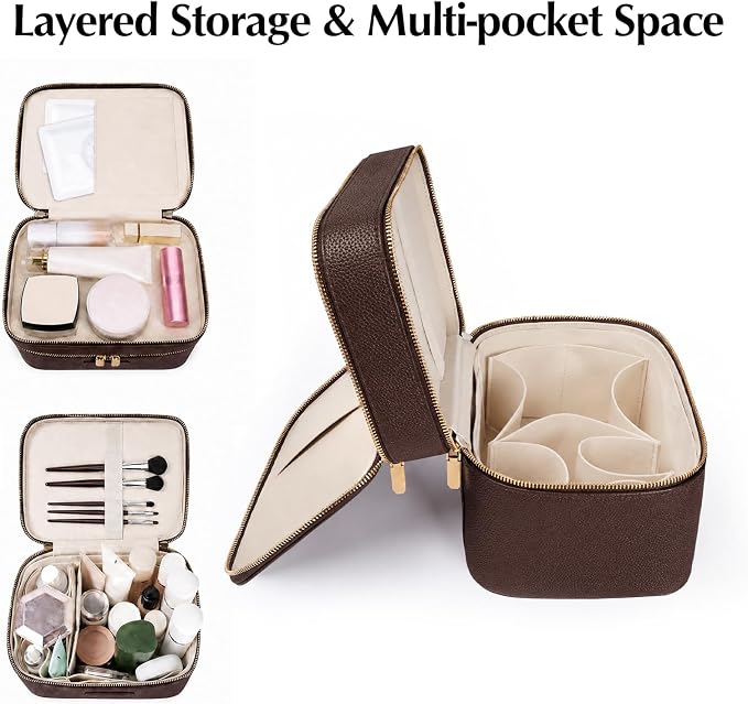 Makeup Case,Leather Double Layer Makeup Bag Duo,Large Portable Travel Toiletry Case Cosmetic Organizer for Women - Image 4