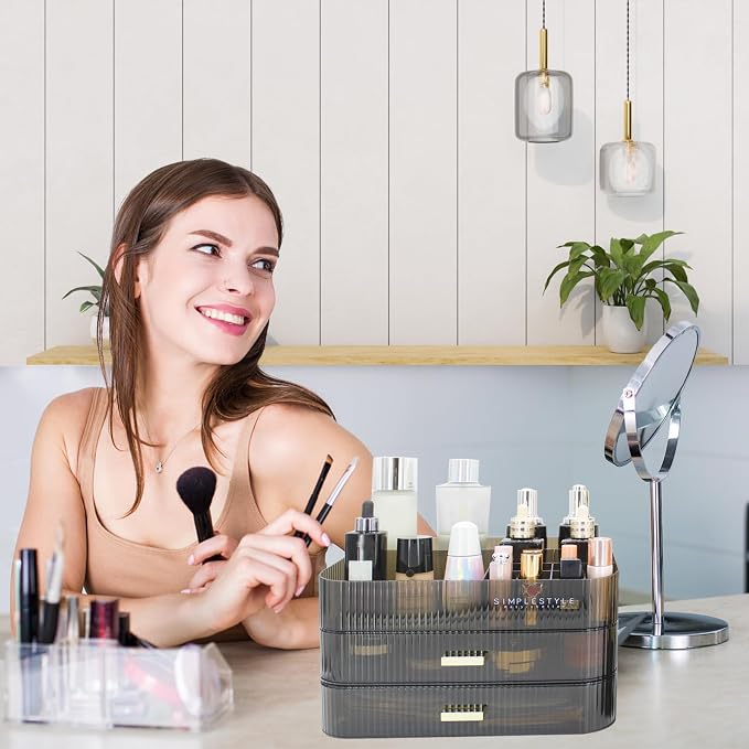 Makeup Organizer with 2 Drawers, Cosmetics Organizer for Bedroom and Bathroom Vanity Countertops, Large Capacity Cosmetic Storage Box for Skincare Cream Perfume Lipstick Dresser Counter-Black - Image 6