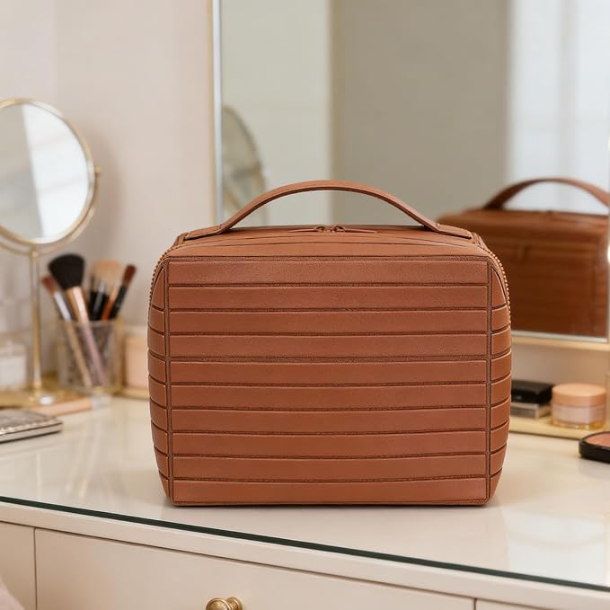 Travel Makeup Bag, Large Capacity Fold Down Cosmetic Bag for Women, Waterproof PU Leather, Pull Open Toiletry Bag with Compartments, for Skincare, Brushes & Travel Essentials (Brown) - Image 8