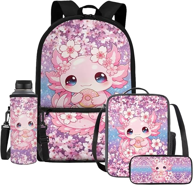 Donut Axolotl Kids 4-in-1 School Backpack Set, Cherry Blossom 17'' Bookbag with Insulated Lunch Box, Pencil Case & Water Bottle Holder, Cute Cartoon Schoolbag for Girls, Gift for Age 6-12 by Dremagia