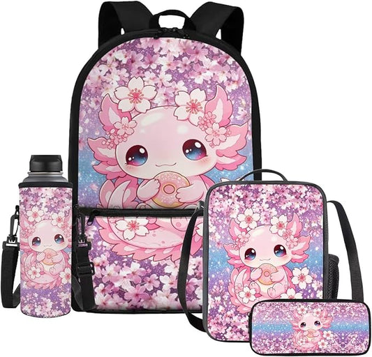 Donut Axolotl Kids 4-in-1 School Backpack Set, Cherry Blossom 17'' Bookbag with Insulated Lunch Box, Pencil Case & Water Bottle Holder, Cute Cartoon Schoolbag for Girls, Gift for Age 6-12 by Dremagia