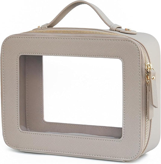 Popvibe Clear Makeup Bag Travel Cosmetic Case Transparent Toiletry Bag with Zipper, Portable Make Up Organizer Traveling Compact Car Bag for Essentials, Stone, Large by POPVIBE