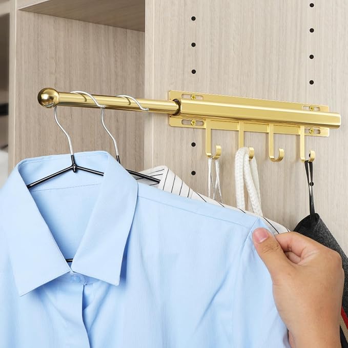 BaiNong Valet Rod for Closets Pull Out 12" Gold with 4 Hooks | Closet Valet Rod Slide Out for Closets, Laundry Rooms, RVs Space-Saving by BaiNong